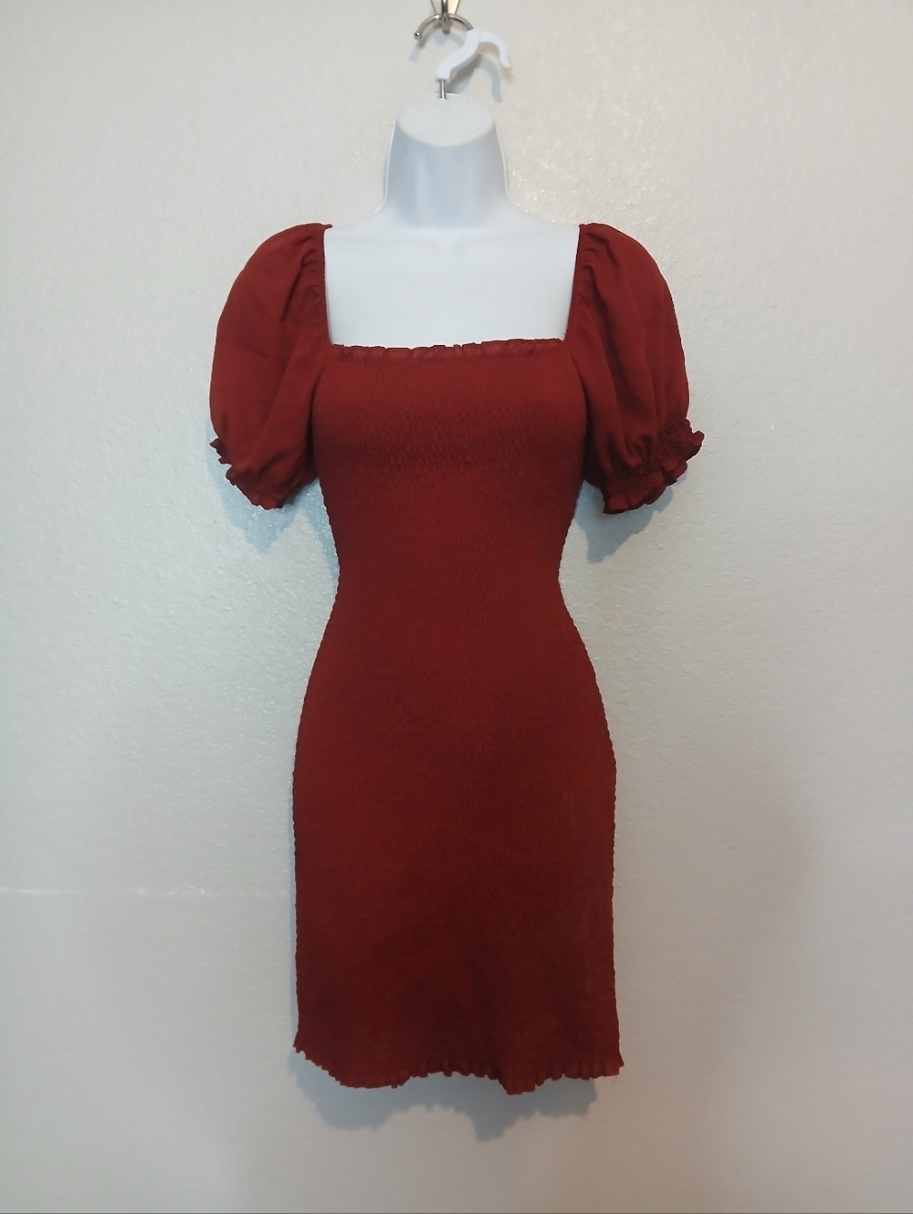💚5/$25 Deep Red Puff Sleeve Smocked Bodycon Mini Dress Square Neck Stretchy